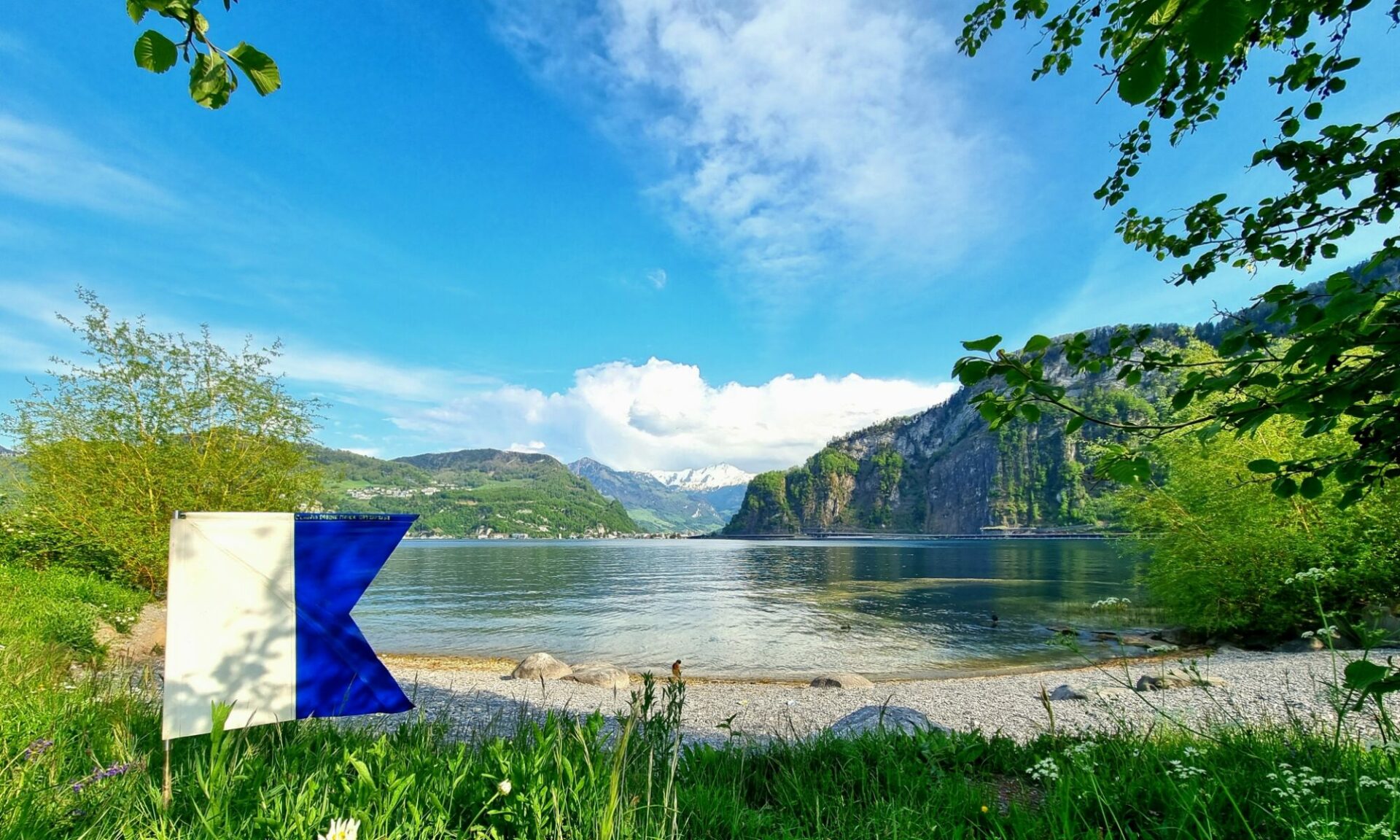 Blick auf den Vierwaldstättersee mit Tauchfahne beim Tauchsport Nidwalden am Hausriff